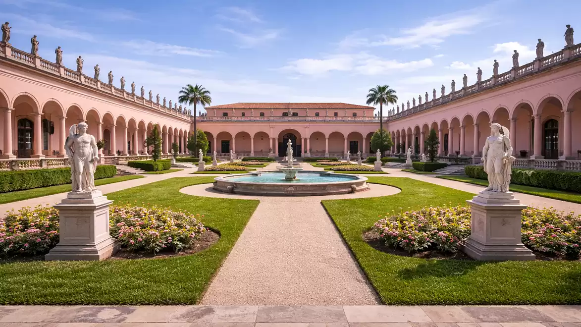 An impressive garden with elegant sculptures and a central fountain, flanked by two symmetrical buildings, stretches into a majestic atrium lined with columns.