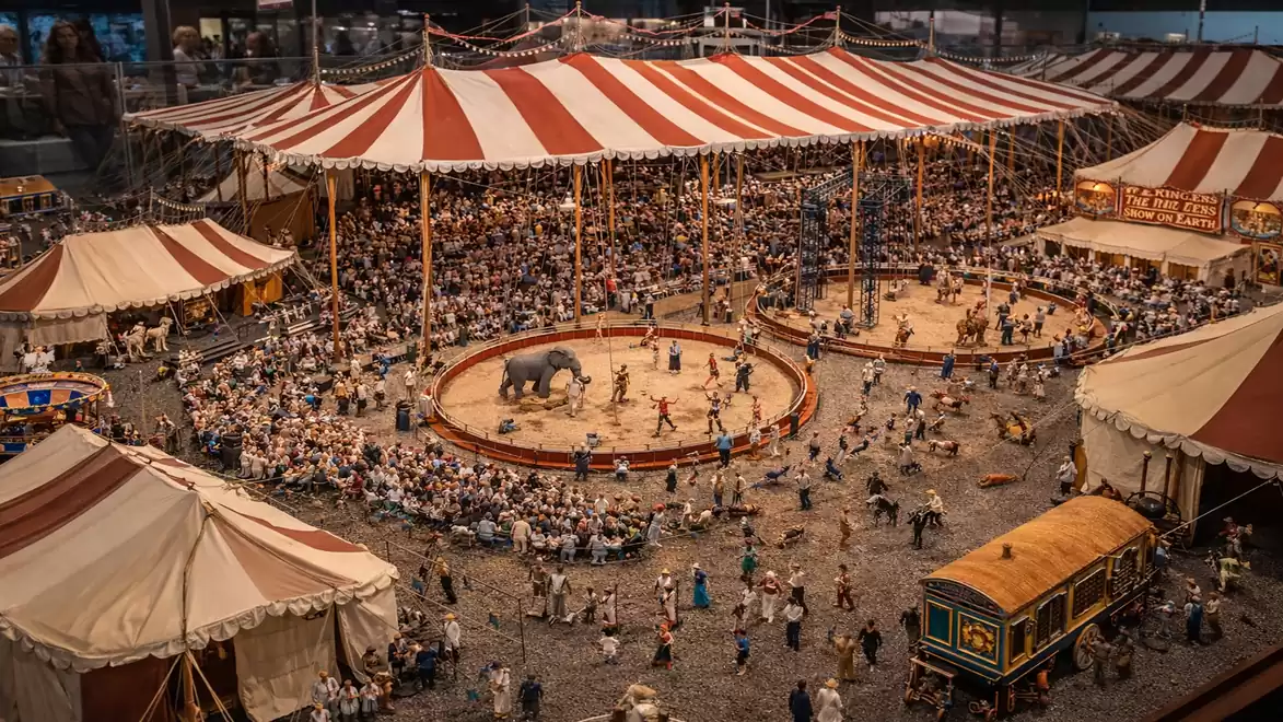 A historic circus tent with an elephant, performers, and a large crowd underneath.