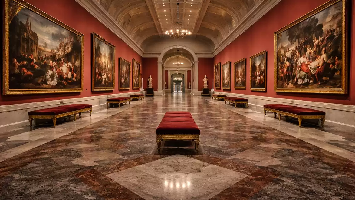 A magnificent museum corridor with a marble floor, high ceilings, and a collection of large paintings on the red walls. Red benches are placed along the aisle.