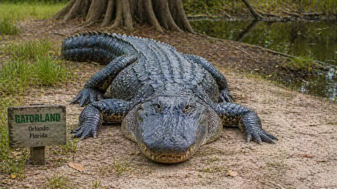 Image of a large alligator lying on a sandy ground next to a pond. A sign reading 'Gatorland Orlando Florida' is nearby.