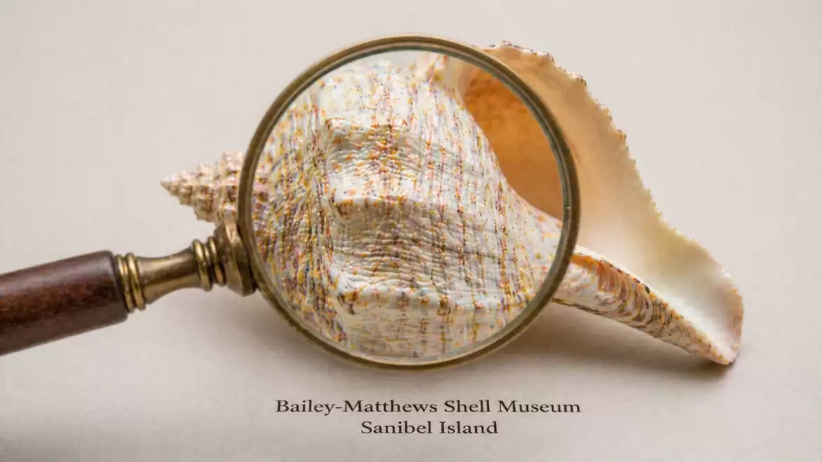 Close-up of a large shell viewed through a magnifying glass at Bailey-Matthews Shell Museum on Sanibel Island.