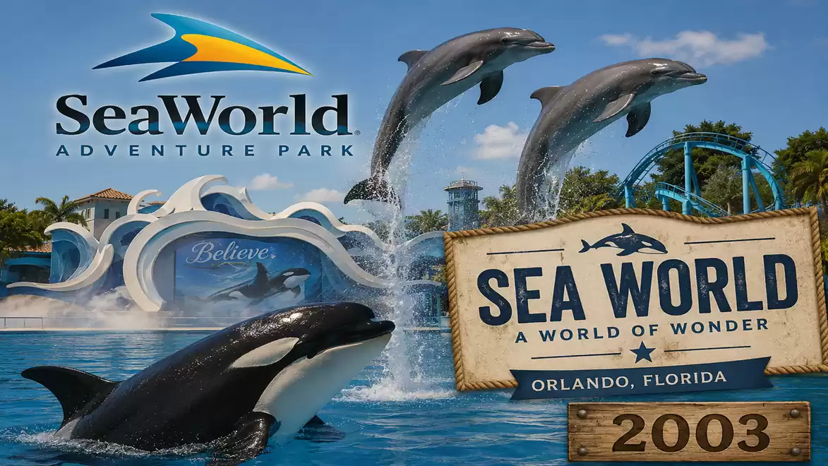 The image shows dolphins and an orca jumping out of the water at a water park named SeaWorld in Orlando, Florida. The SeaWorld logo is visible in the background.