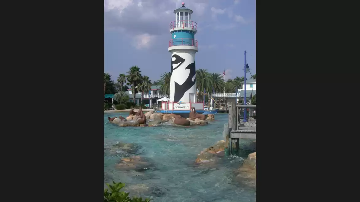 A lighthouse with a large orca image in an amusement park, surrounded by a pool with swimming people and tropical plants.