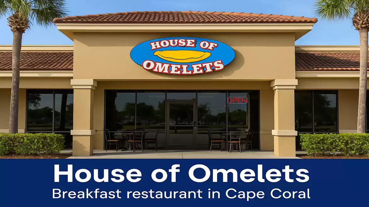 Exterior view of the 'House of Omelets' restaurant in Cape Coral, known for breakfast dishes.
