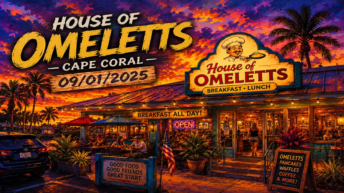Evening shot of a vibrant restaurant called House of Omeletts in Cape Coral, lit by colorful neon lights under a lively sunset sky.