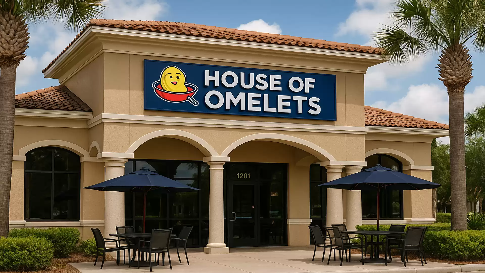 Exterior view of the House of Omelets restaurant with several tables under umbrellas on the patio.