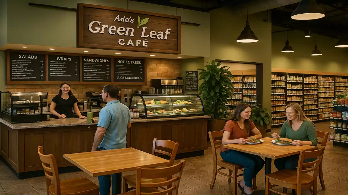 Interior view of a cozy café named Green Leaf Café, two women sitting at a table eating while a man is served at the counter.