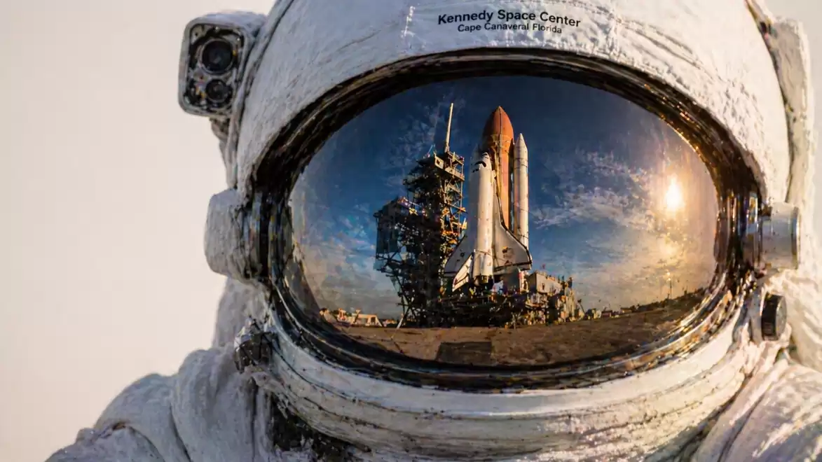 An astronaut's helmet reflecting a spacecraft and launch tower, captured in daylight at the Kennedy Space Center.