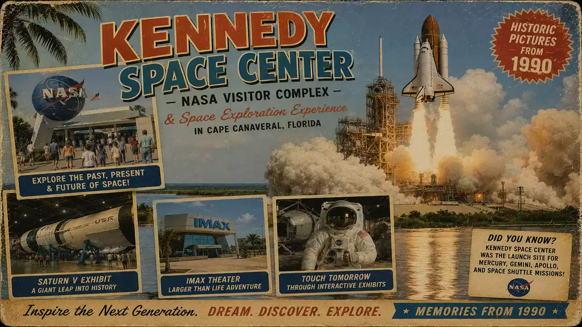 Historic Kennedy Space Center poster from the 1990s featuring images of a space shuttle launch sequence and attractions.