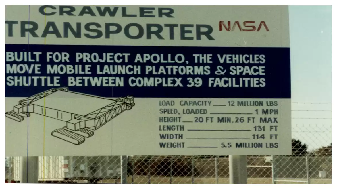 Sign for the NASA Crawler Transporter with technical data and information about its use for the Apollo project.