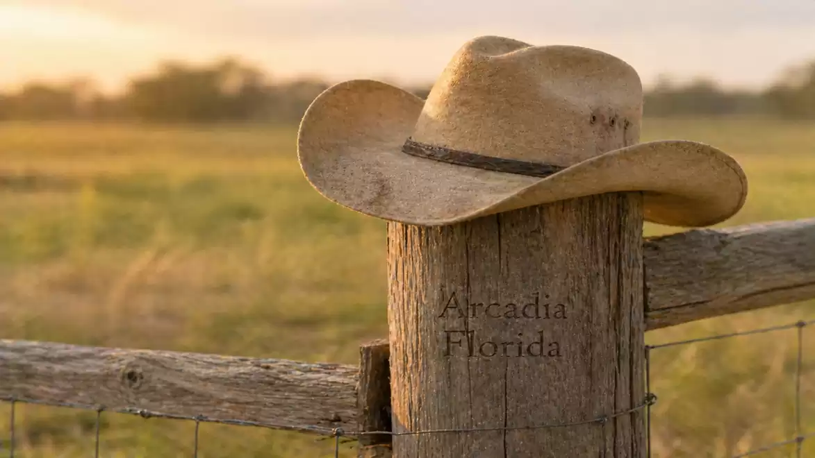 A cowboy hat hangs on a wooden fence in a rural scene at sunset in Arcadia, Florida.