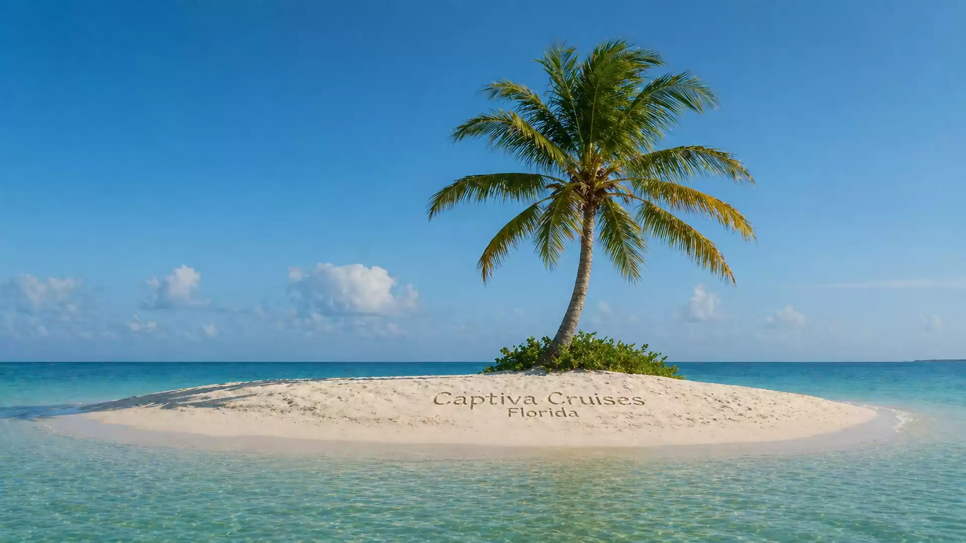Lonely tropical island with a palm tree in the clear blue sea, Captiva Cruises, Florida.