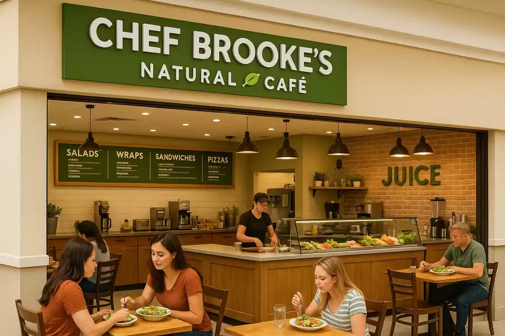 Four people sit at tables in front of a café called Chef Brooke's Natural Café, offering healthy meals such as salads and wraps. One person is behind the counter preparing orders.