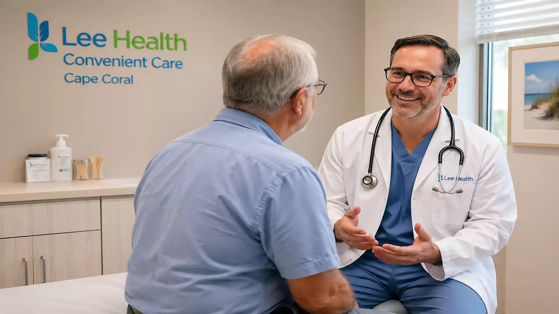 Doctor talking to an elderly patient in a clinic.