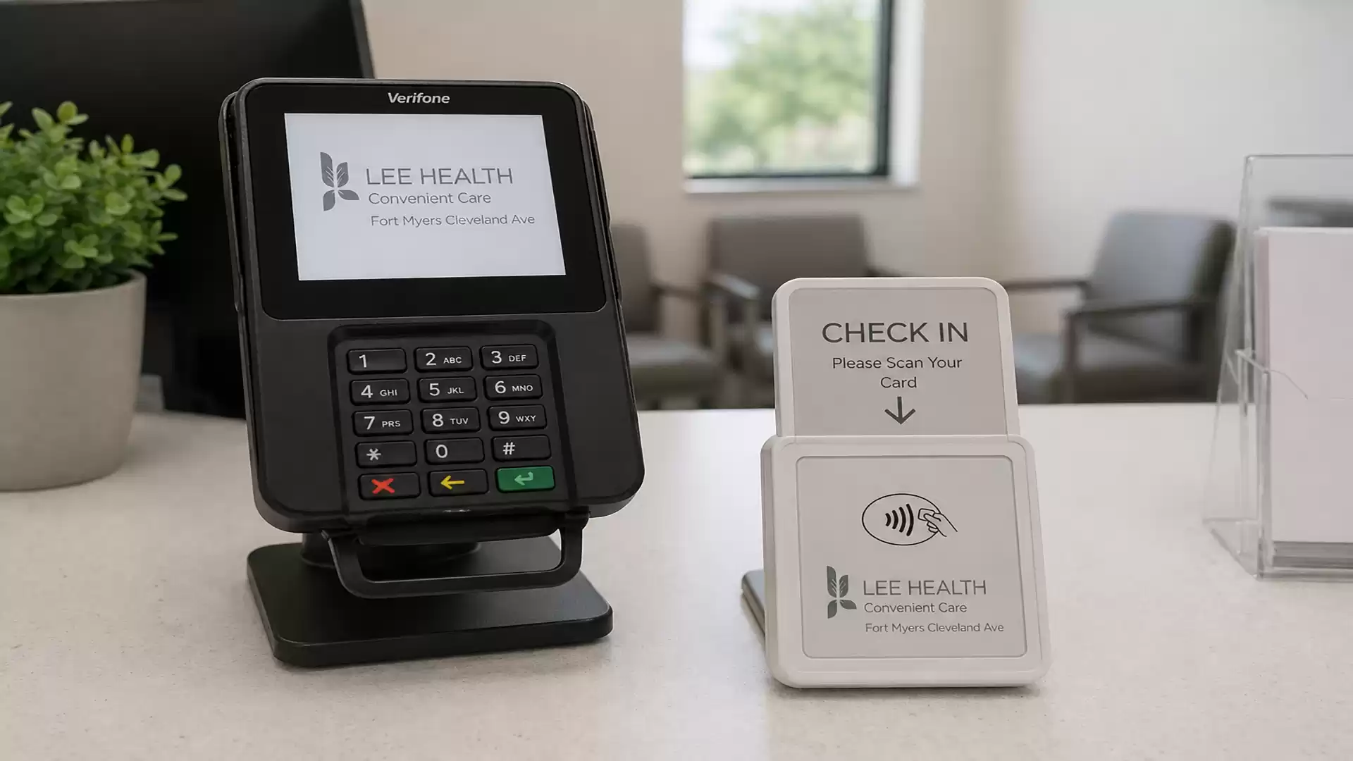 A Verifone payment terminal and a check-in system in a doctor's office with a modern, tidy reception area.