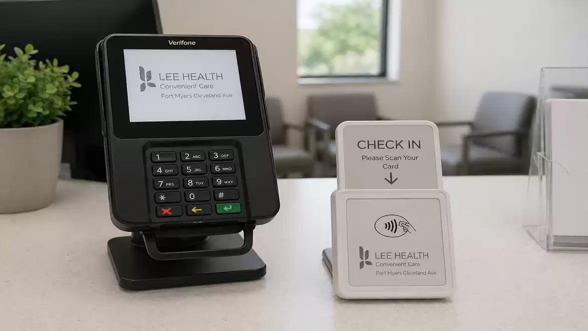 A Verifone payment terminal and a check-in system in a doctor's office with a modern, tidy reception area.