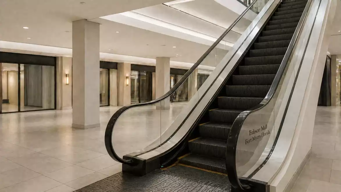 Empty escalator in a modern shopping mall with shiny floor and display windows in the background.
