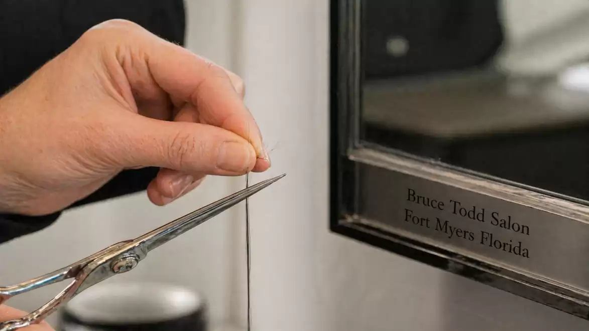 Close-up of hands cutting a thread with scissors at Bruce Todd Salon, Fort Myers, Florida.