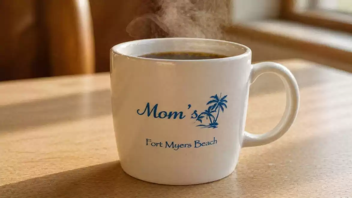 White coffee mug on a wooden table, with the text 'Mom's Fort Myers Beach', steam rising from it.