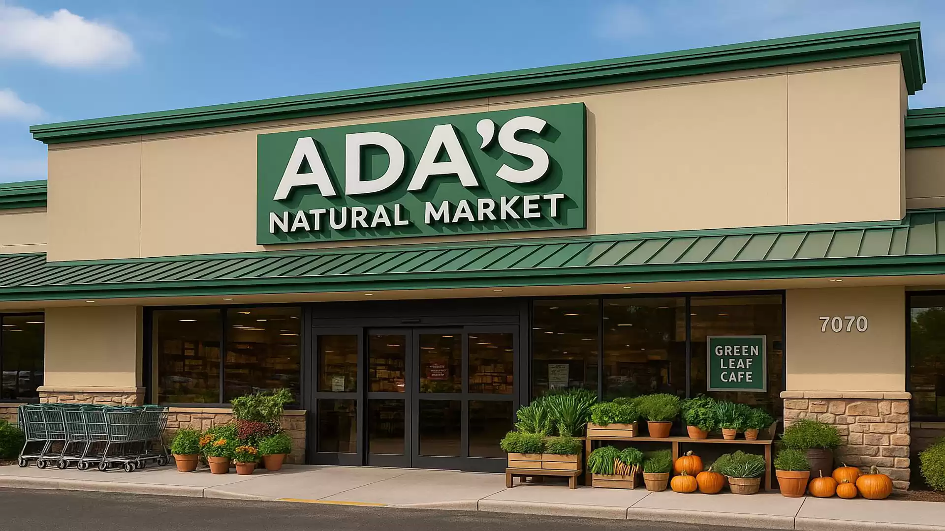 Entrance to Ada's Natural Market with shopping carts and pumpkins in front of the store.