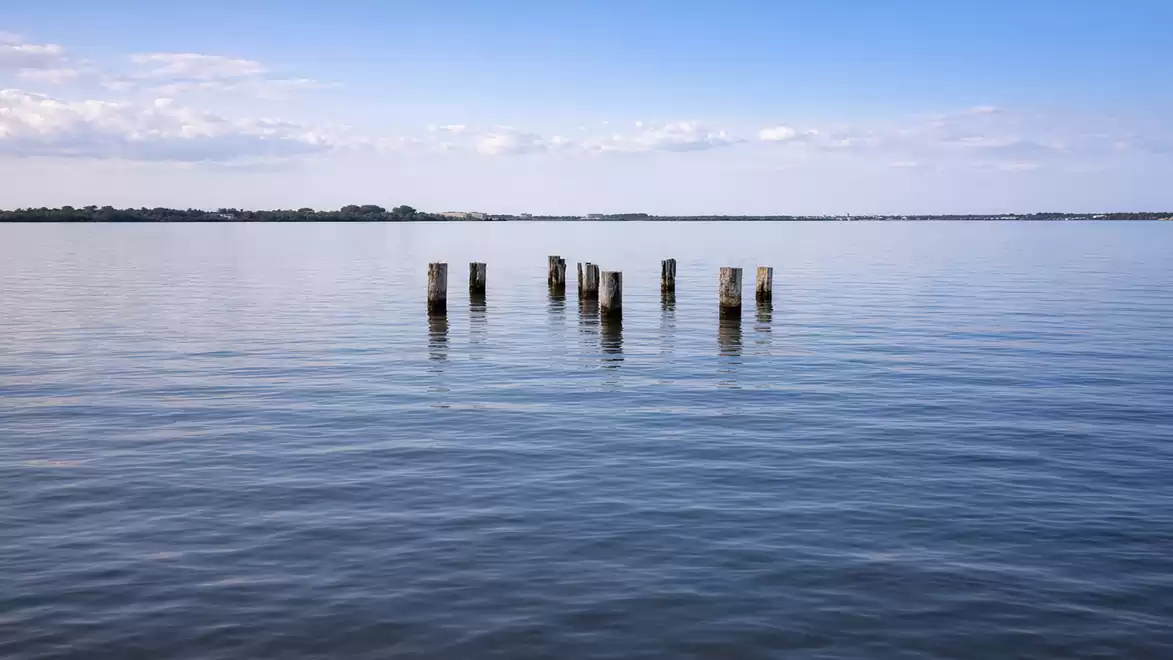 Calm water with old wooden posts emerging from the water under a blue sky.