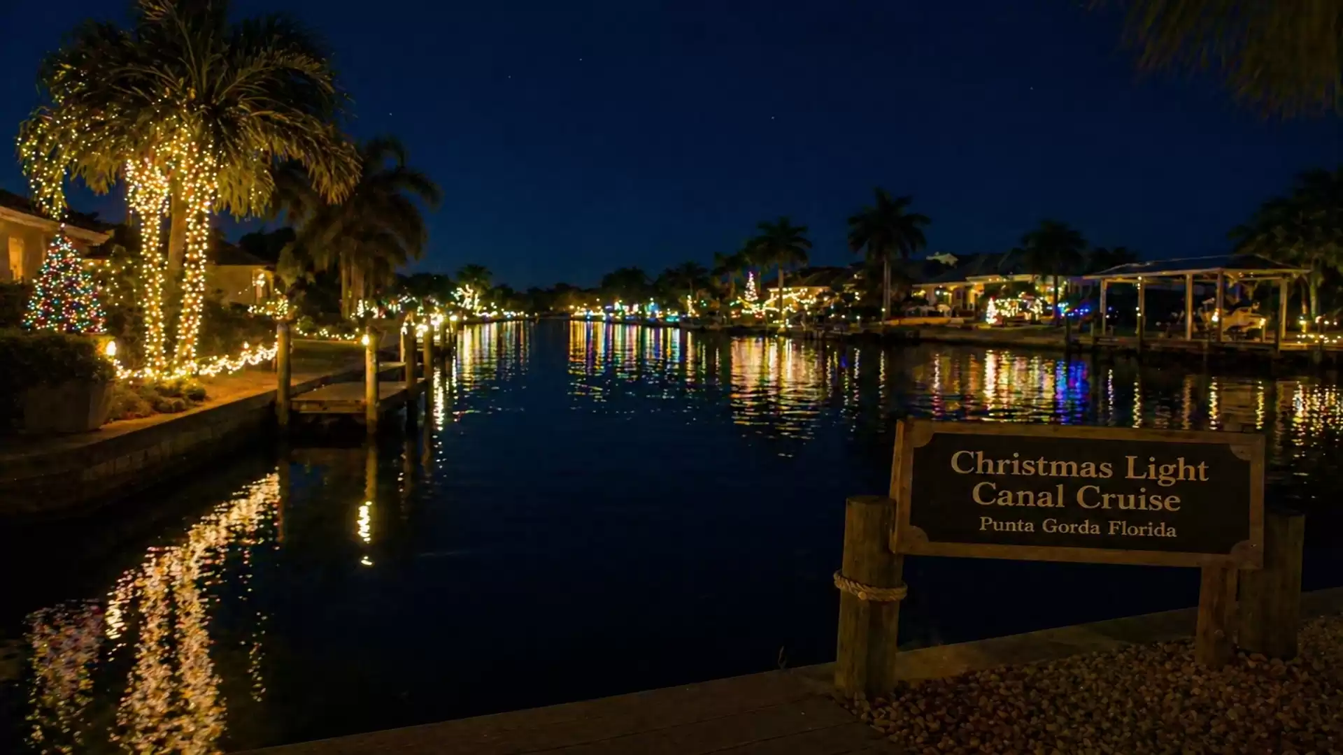 Night scene of a canal in Punta Gorda, Florida, adorned with glowing Christmas lights on palm trees and buildings.