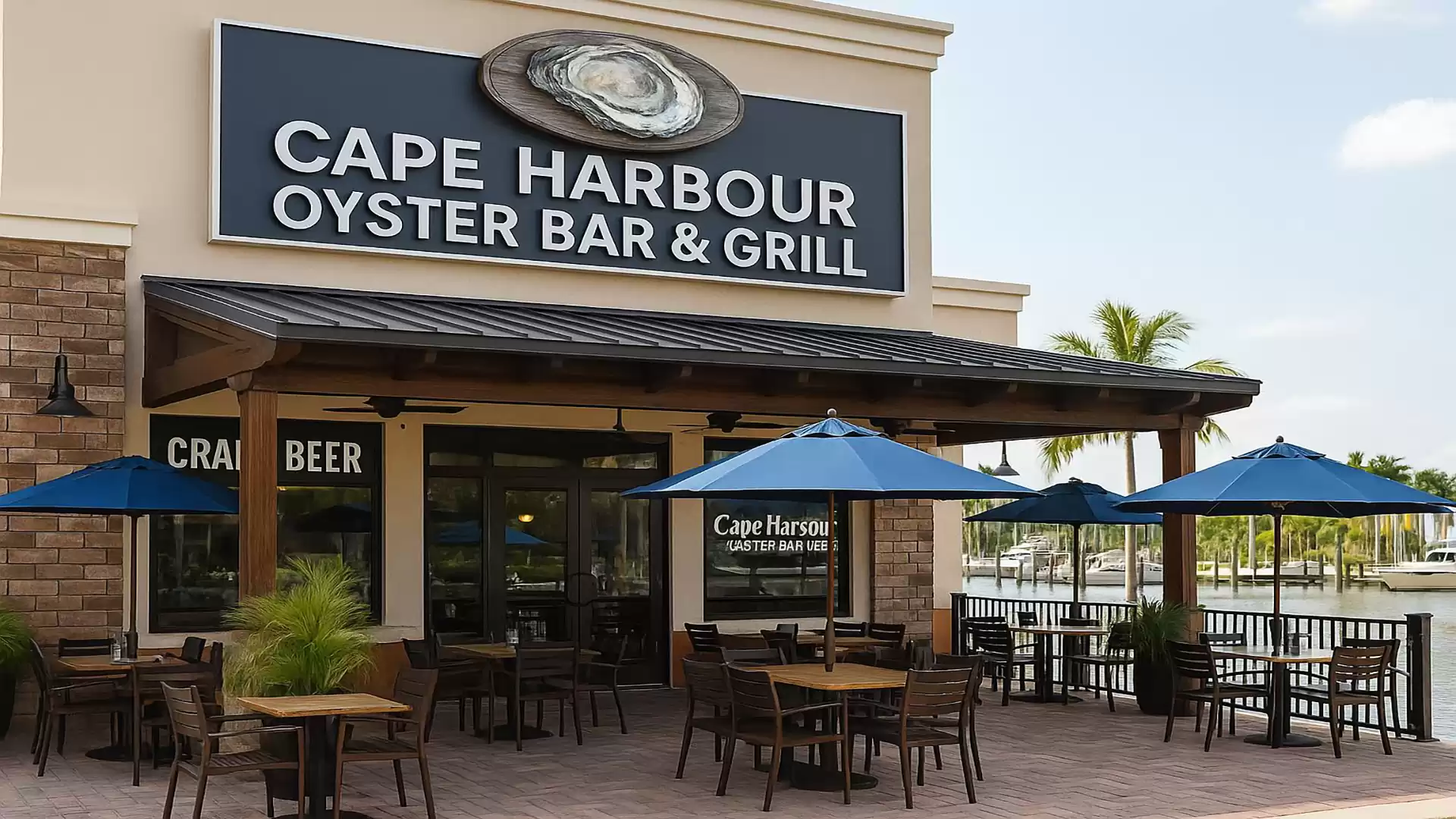 Exterior view of Cape Harbour Oyster Bar & Grill with blue umbrellas and outdoor seating in sunny weather.