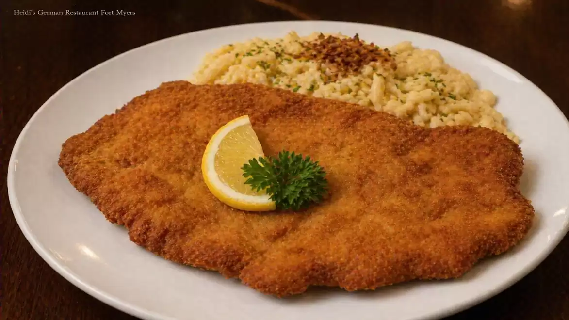 A crispy schnitzel with a slice of lemon and parsley served next to a portion of creamy spaetzle on a white plate.