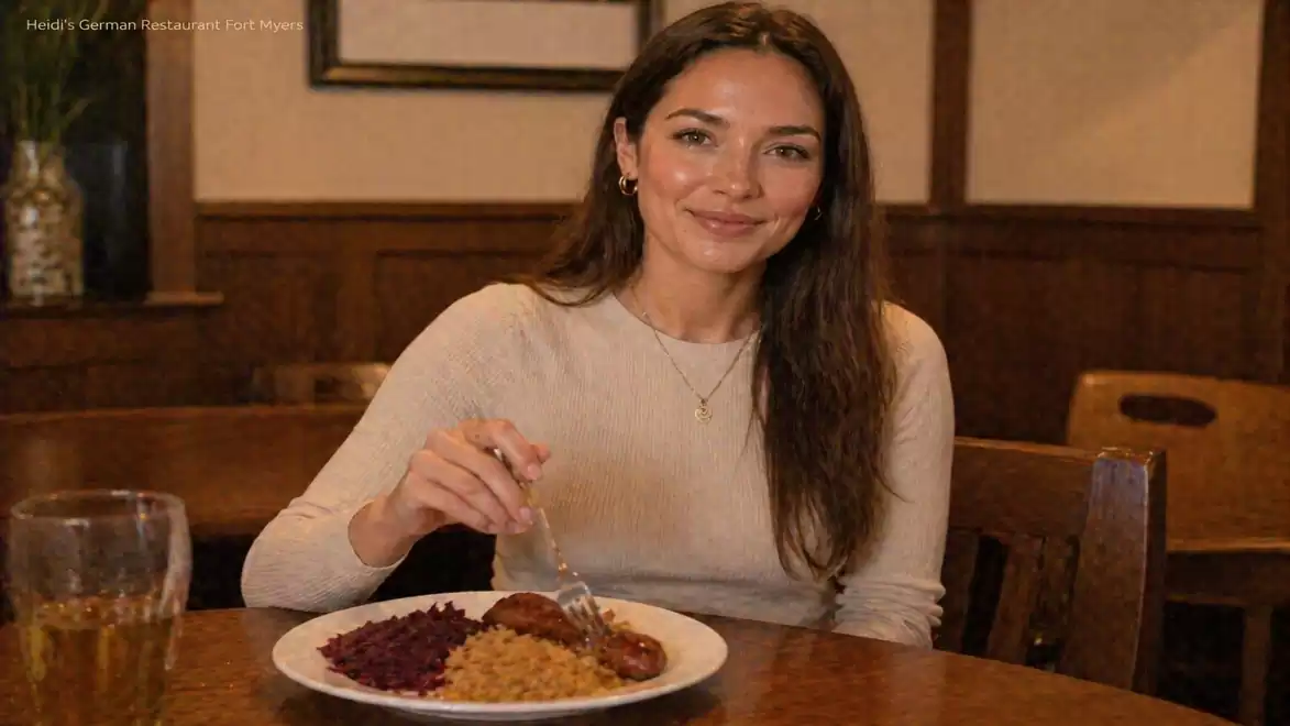 A woman sits in a restaurant, smiling and eating a meal with meat, rice, and red beans.
