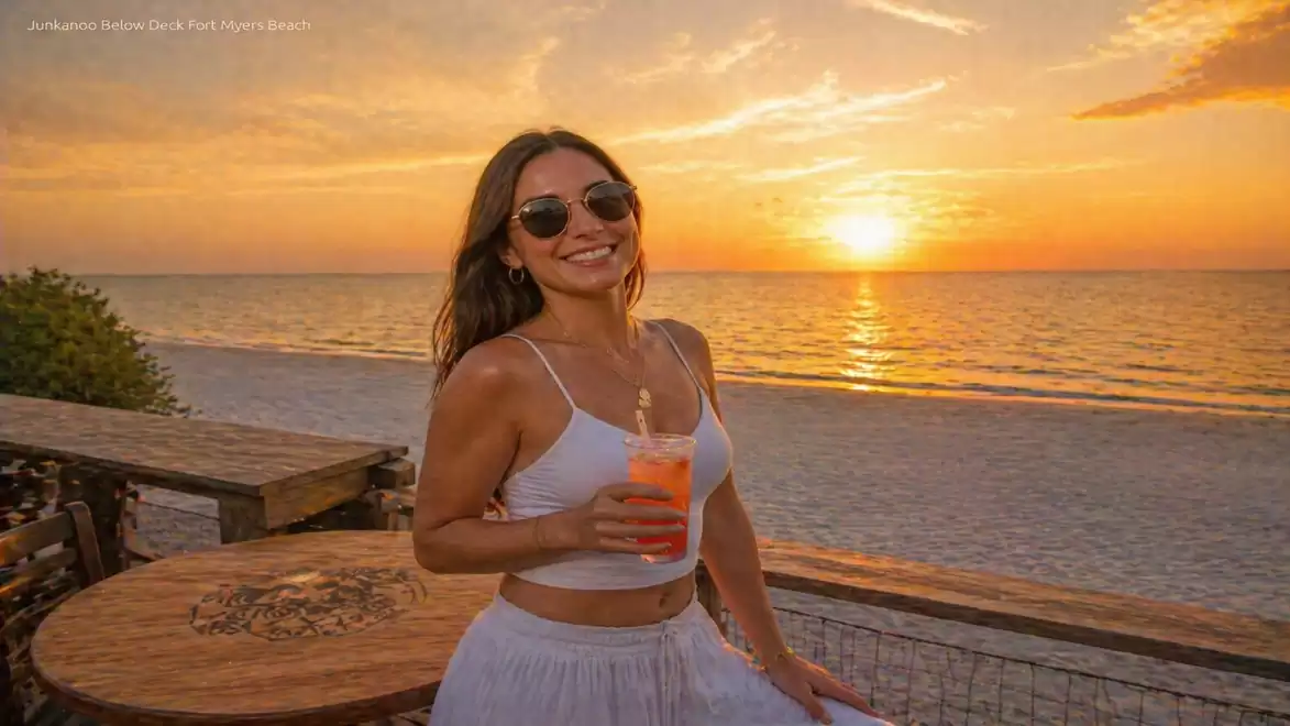Woman with sunglasses enjoying a drink at sunset on the beach.