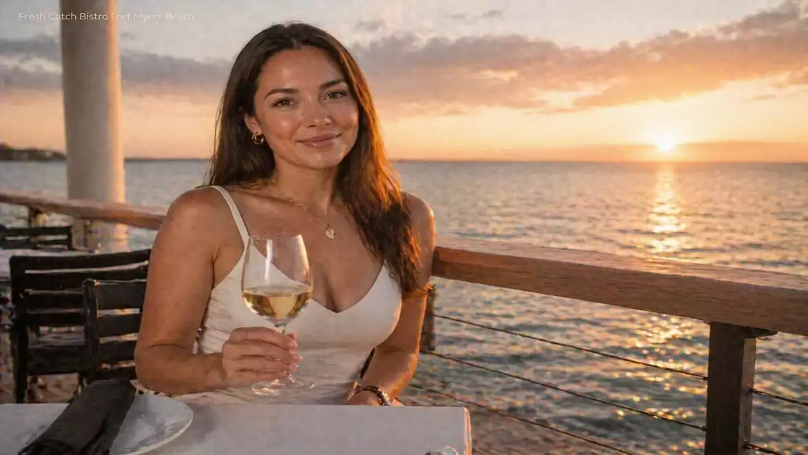 Woman at sunset with a glass of wine by the sea.