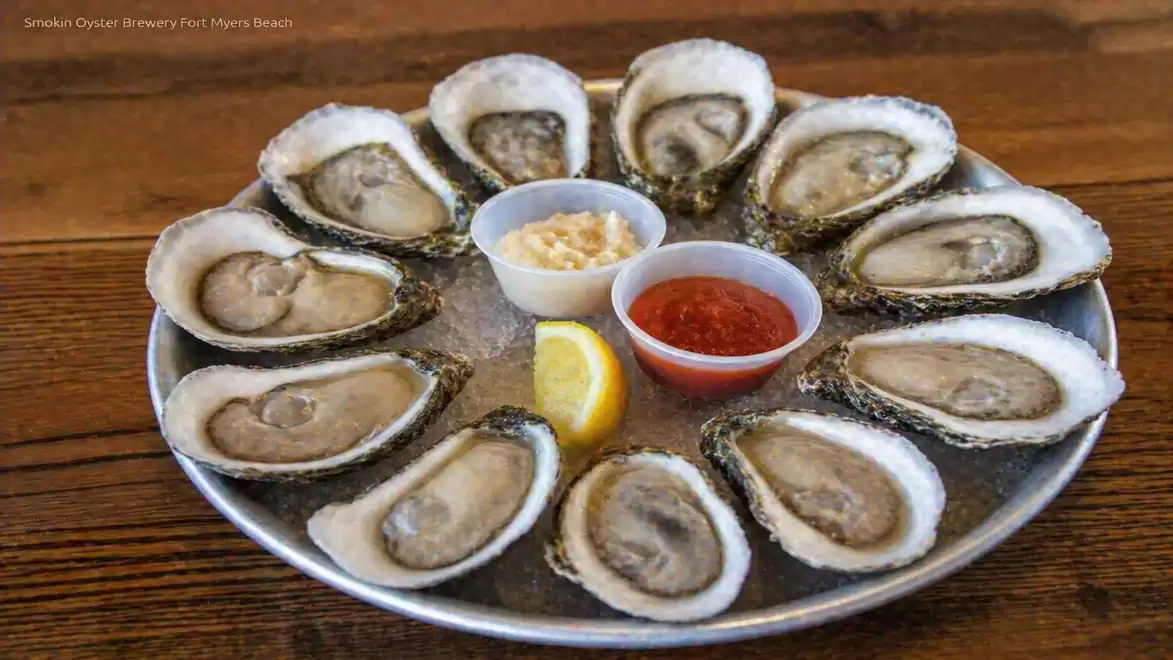 A plate of fresh oysters served with lemon wedges and two side condiments in small bowls. Perfect seafood for an elegant dinner.