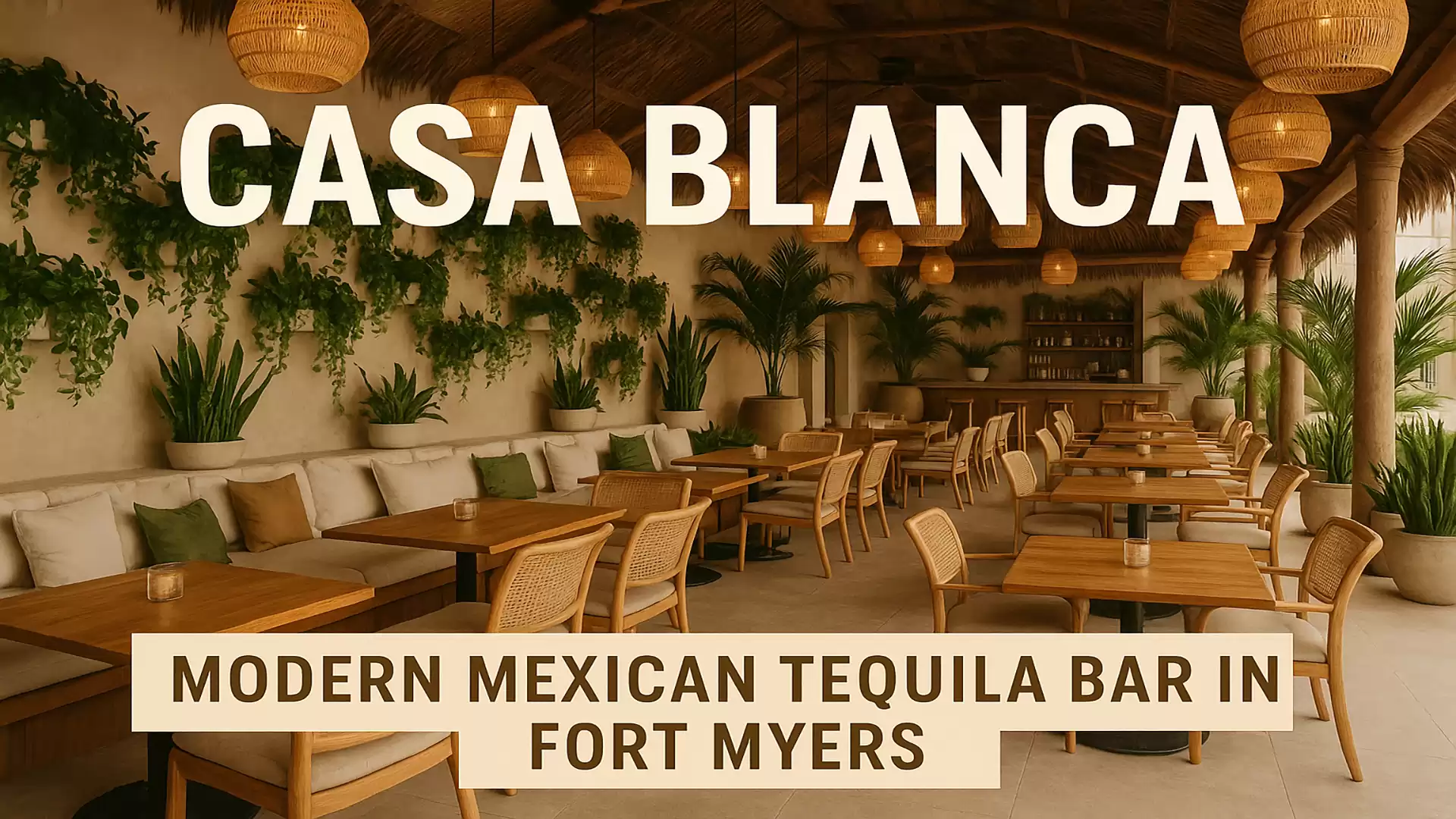 Interior of a modern Mexican tequila bar with wooden furniture and plants in Fort Myers, labeled 'Casa Blanca'.