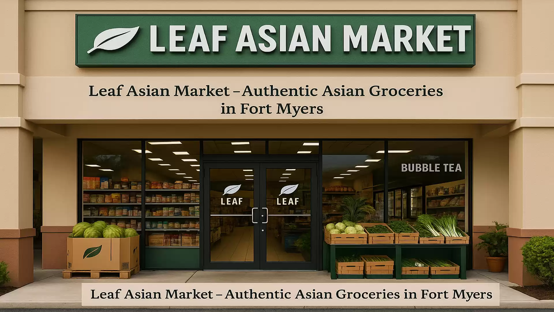 Entrance of Leaf Asian Market in Fort Myers with shelves of Asian groceries and a sign for Bubble Tea.