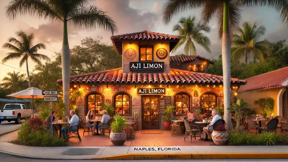 A picturesque restaurant in Naples, Florida, featuring Spanish architecture and a cozy outdoor area with string lights and guests.