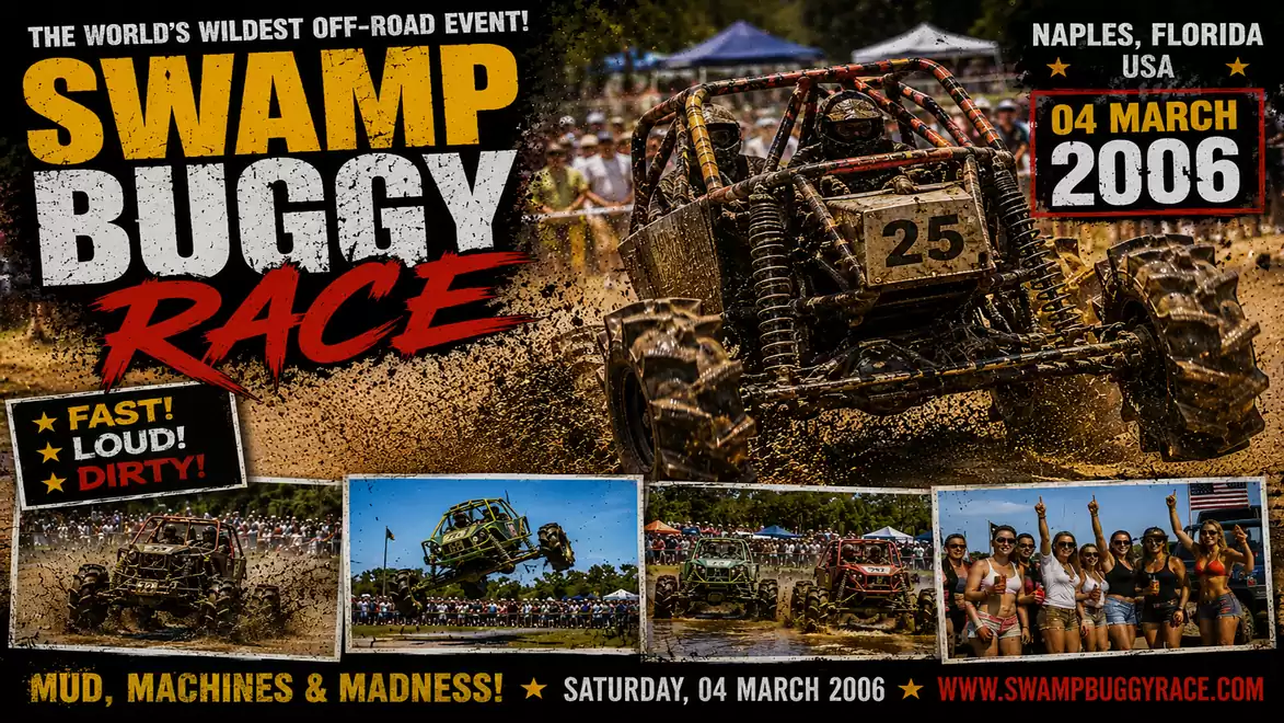 Advertisement for an off-road race in Naples, Florida, featuring a swamp buggy in the foreground with the date March 4, 2006.