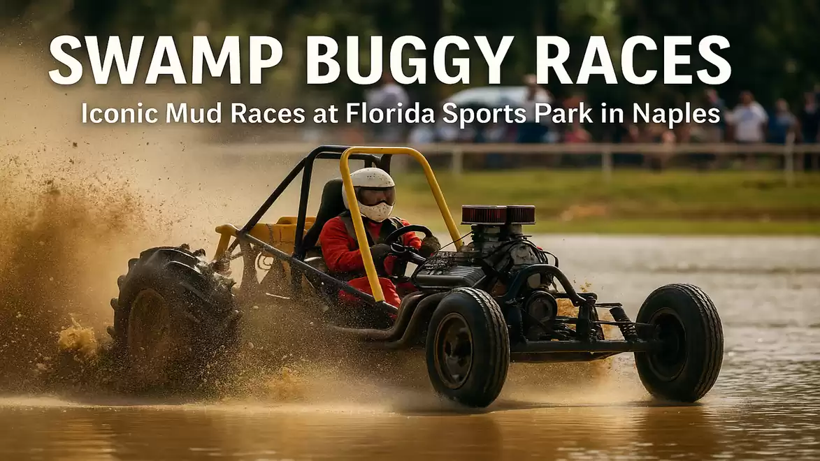 Swamp Buggy Races at Florida Sports Park, driver in red suit racing a buggy through mud.