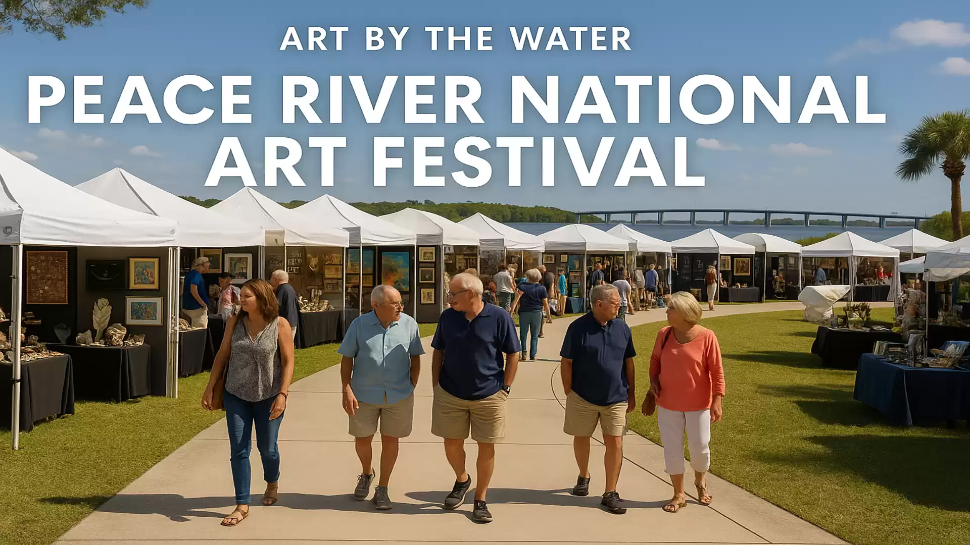 People strolling at an art festival with several tents and art stalls along the Peace River. Blue sky and sunny weather.