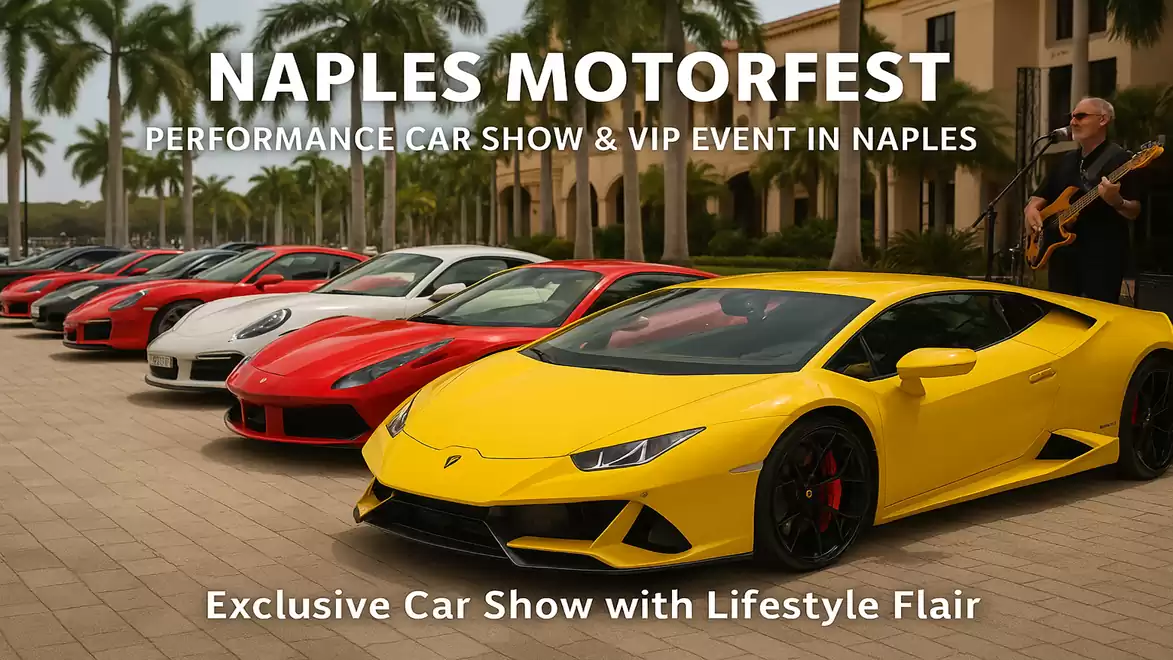 A lineup of sports cars, including a yellow Lamborghini and several red Ferraris, is displayed in front of a building at the Naples Motorfest. A musician plays guitar in the background.