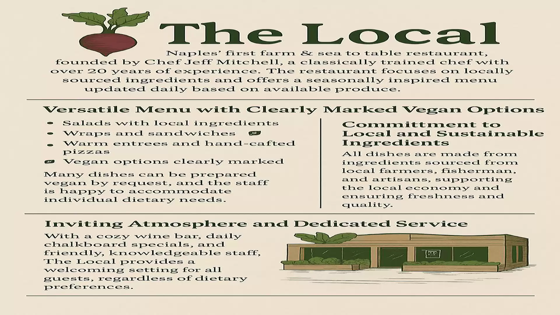 Advertisement for 'The Local' restaurant in Naples, focusing on local and sustainable ingredients with a versatile menu offering vegan options.