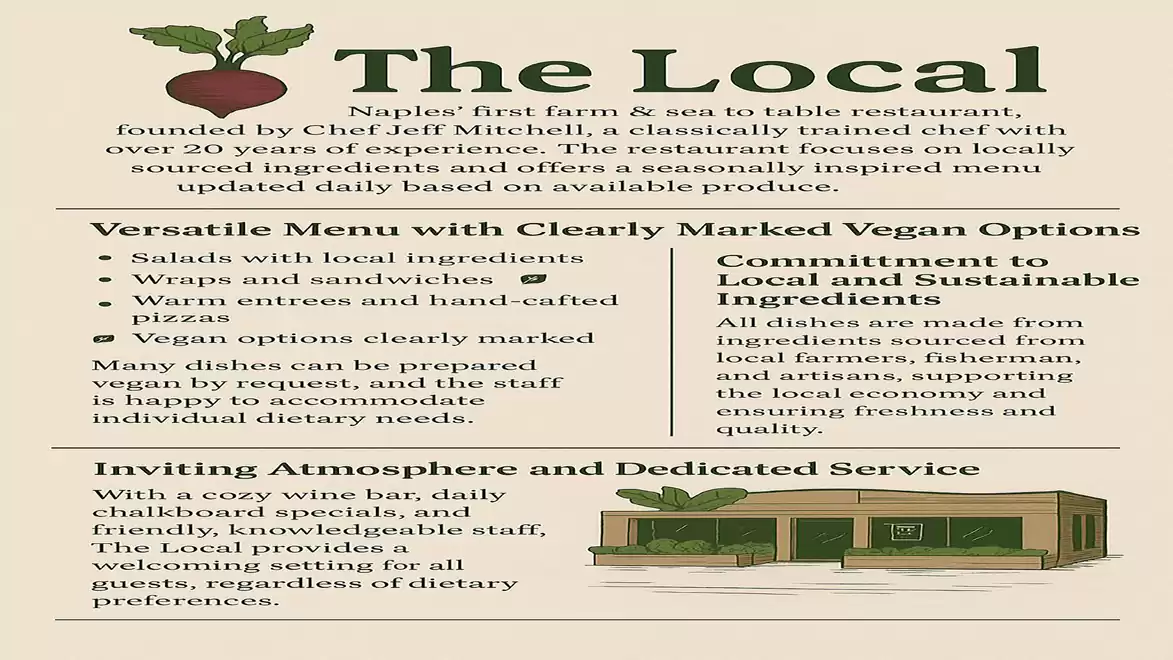 Advertisement for 'The Local' restaurant in Naples, focusing on local and sustainable ingredients with a versatile menu offering vegan options.