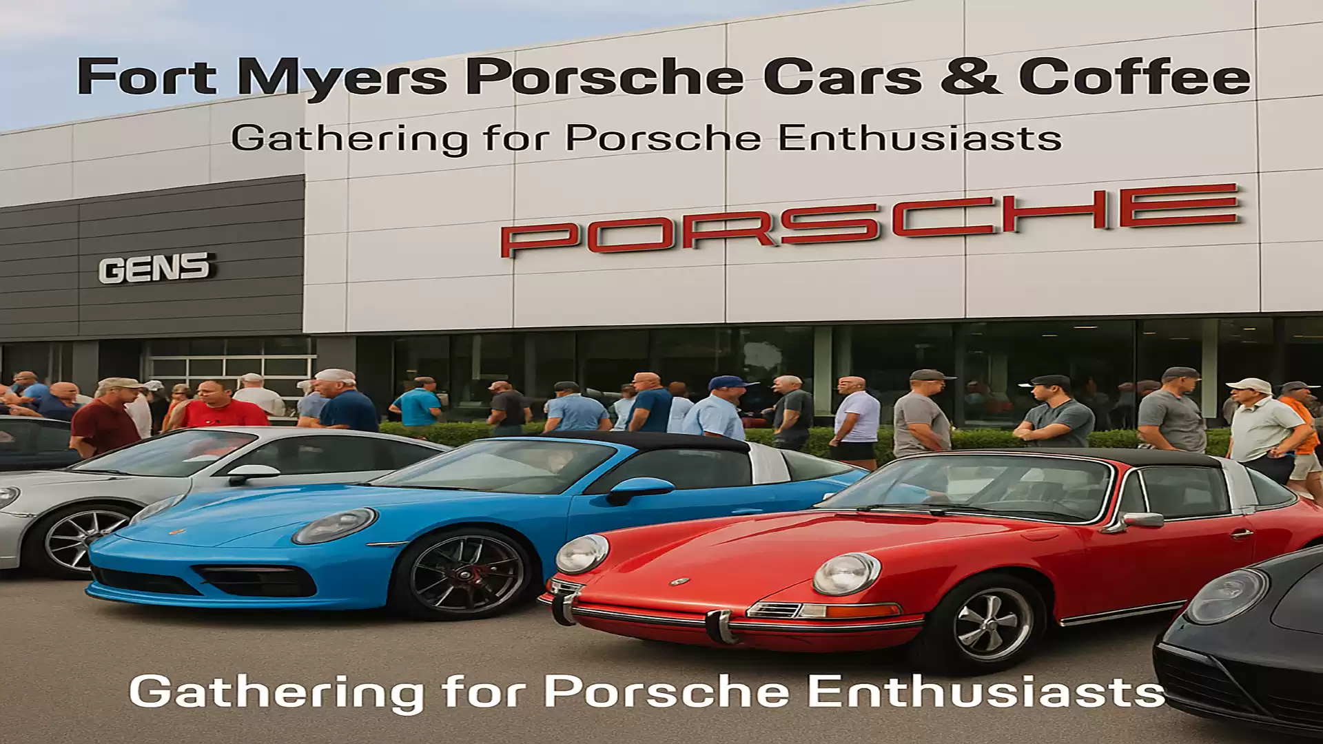 A gathering of Porsche enthusiasts in front of a Porsche dealership. Various Porsche models, including a blue and a red vintage car, are visible.