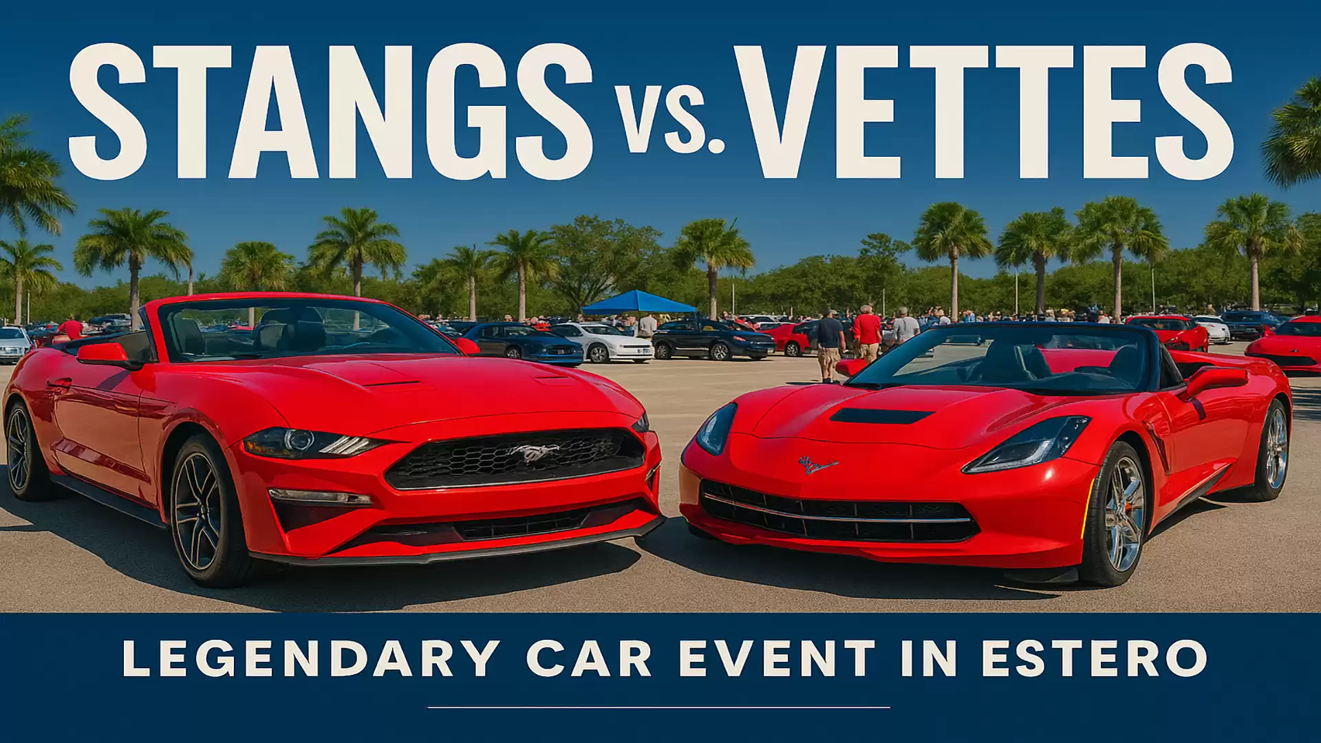 Two red sports cars in a parking lot under blue sky at a car event in Estero.