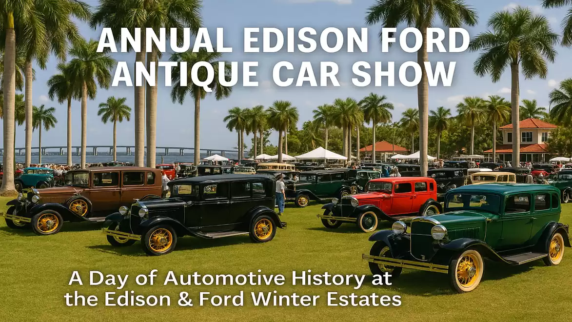 Classic cars at the annual Edison Ford Antique Car Show, surrounded by palm trees, with the text 'A Day of Automotive History at the Edison & Ford Winter Estates'.