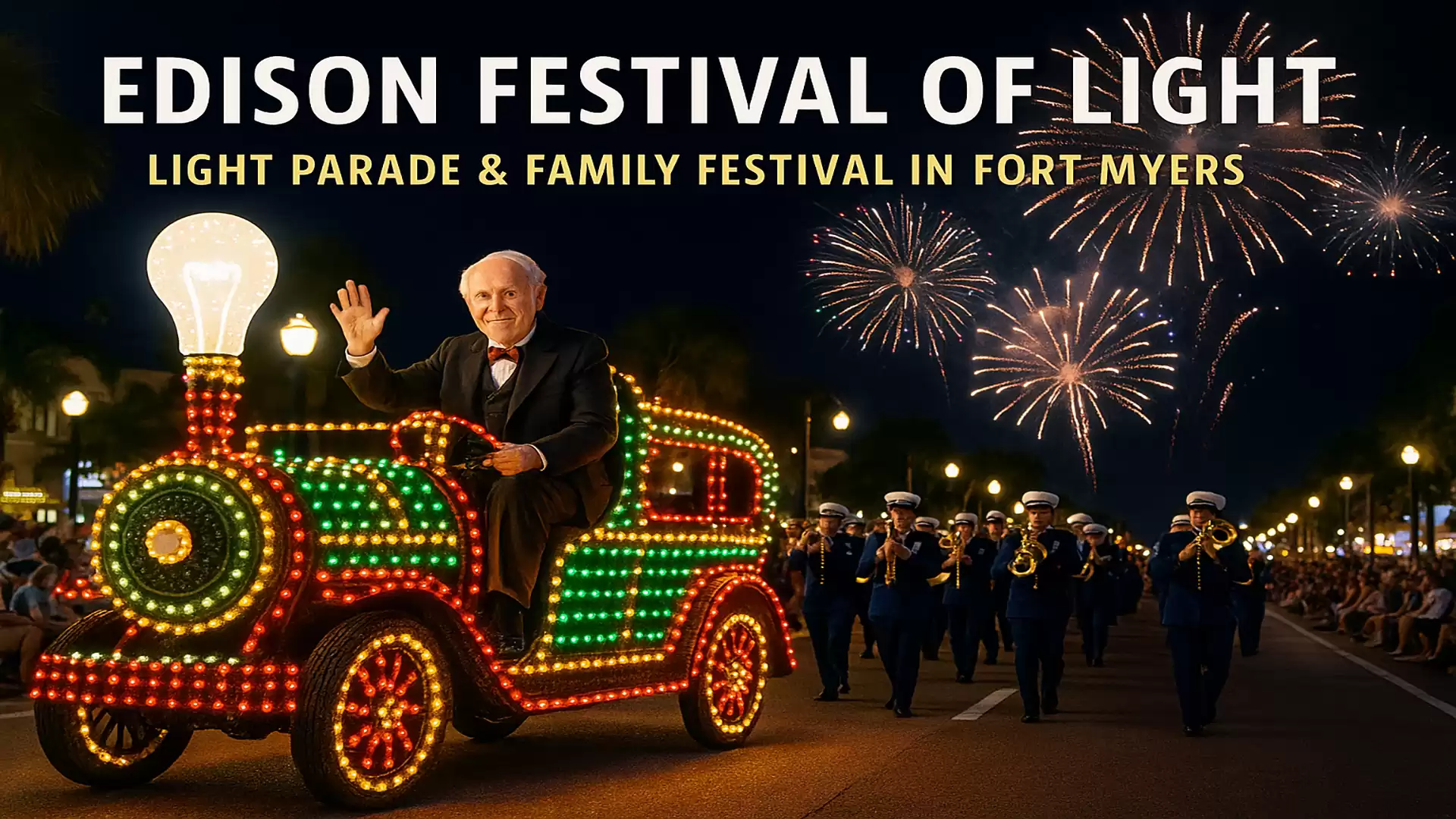 Man waving on a brightly lit vehicle at the Edison Festival of Light in Fort Myers. He is accompanied by a group of musicians and fireworks at night.