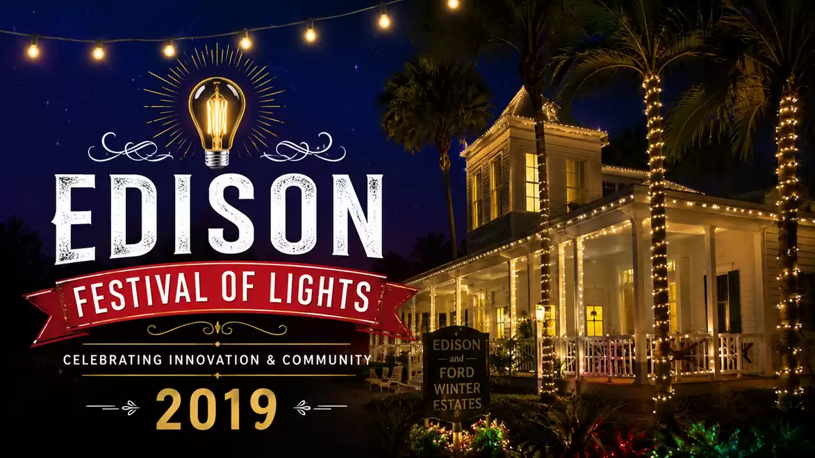 The image shows the Edison Festival of Lights 2019 with a house decorated with string lights and a festive inscription, symbolizing innovation and community.