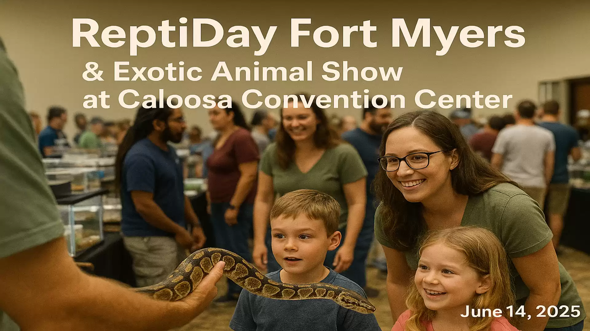 An event at the ReptiDay Fort Myers Exotic Animal Show. A man holds a snake while two children and a woman smile. In the background, more people and reptiles in containers are visible. The event takes place at the Caloosa Convention Center.
