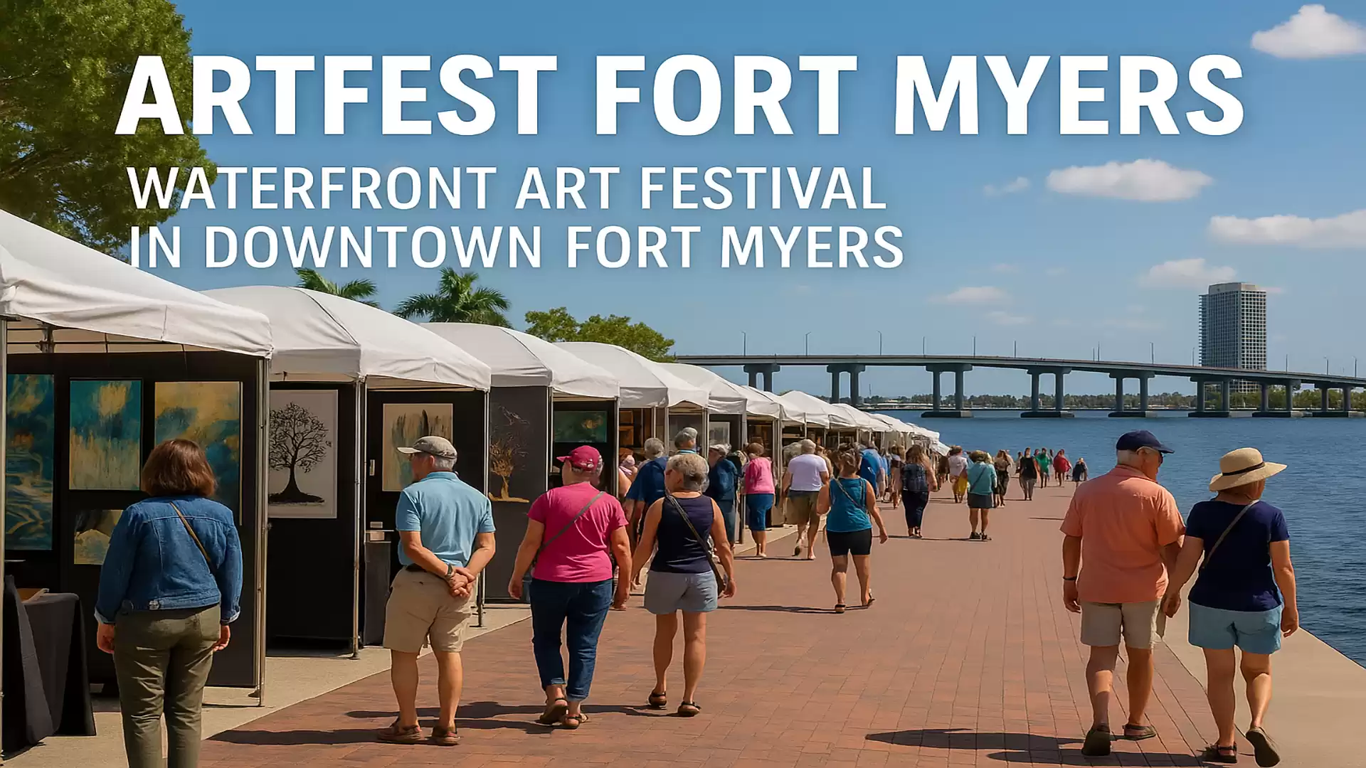 People strolling along the Fort Myers waterfront during the ArtFest, with art booths and a view of a bridge in the background.