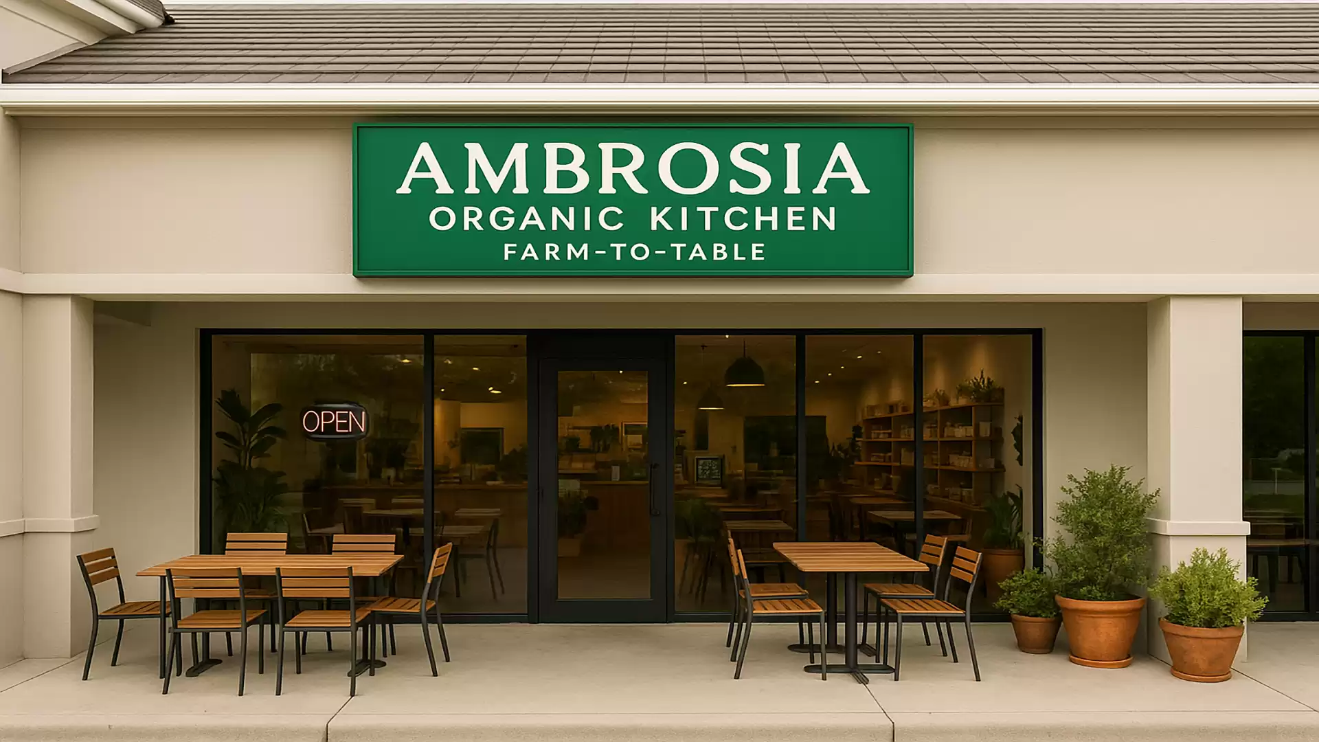 Entrance of Ambrosia Organic Kitchen restaurant with wooden tables and plants outside.