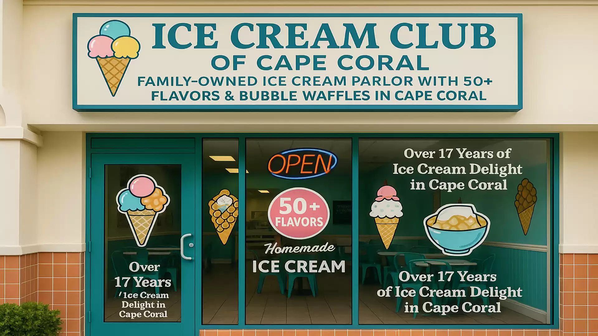 Ice cream parlor in Cape Coral offering over 50 flavors and bubble waffles.